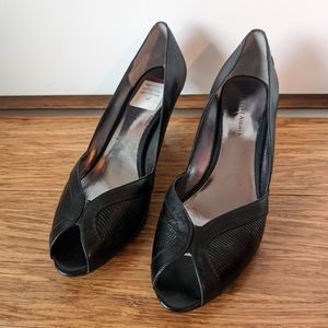 Etienne Aigner Black Leather Peep Toe Heels 8M